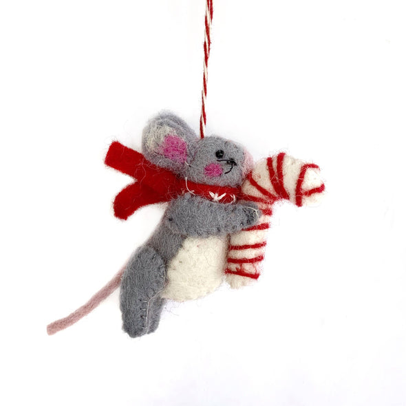 Mouse with Candy Cane Christmas Ornament