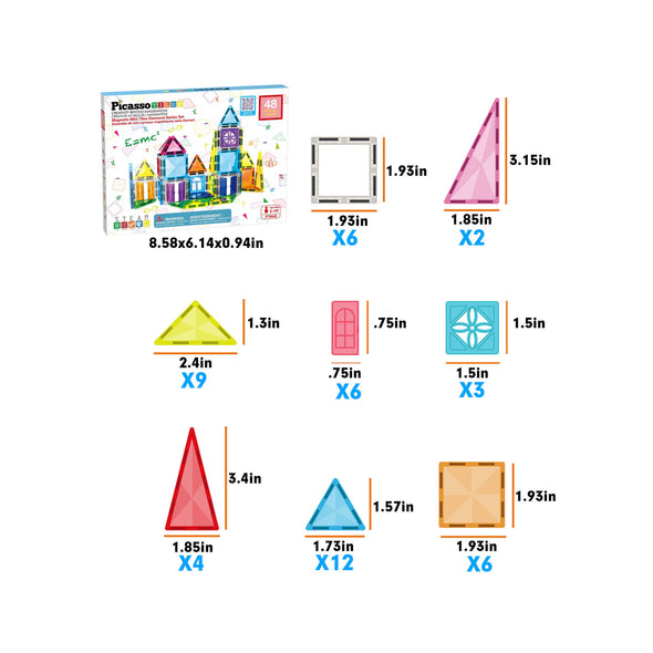 PicassoTiles Magnetic Tiles Travel Size - 48 pc