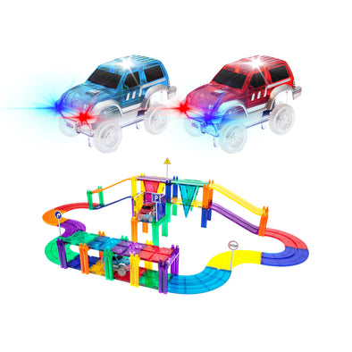 PicassoTiles Magnetic Tiles Race Track with LED Cars - 50 pc