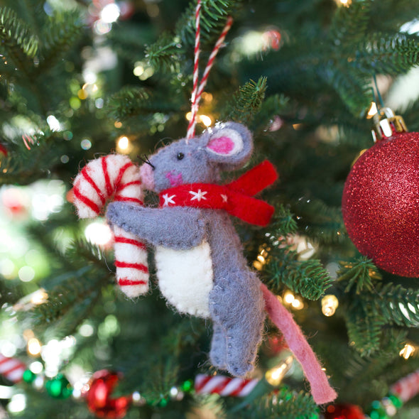Mouse with Candy Cane Christmas Ornament
